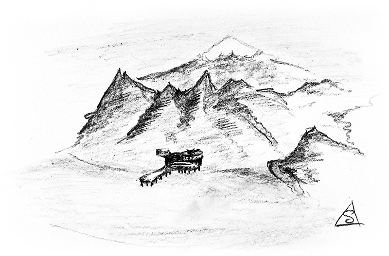 Sketch of a mountainous landscape with a settlement. © Stephen Llewelyn