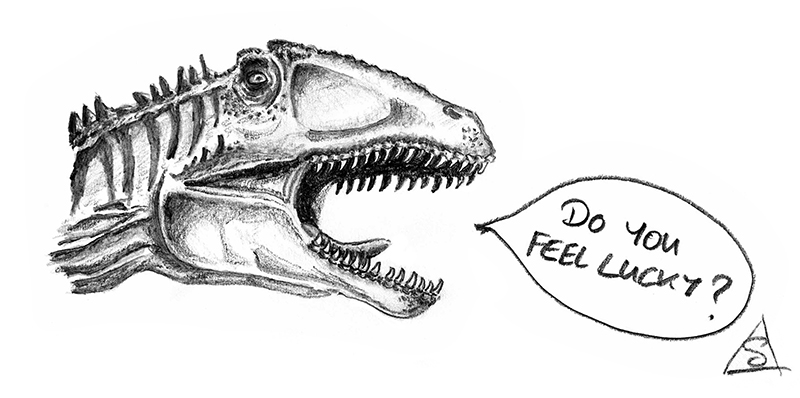 Sketch of a dinosaur head with speech bubble "Do you feel lucky?" © Stephen LLewelyn
