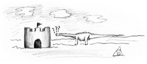 Author's sketch of a dinosaur outside a fort © Stephen Llewelyn