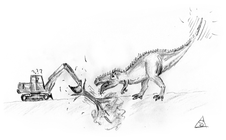 Sketch of a dinsoaur excited at the sight of a digger © Stephen Llewelyn