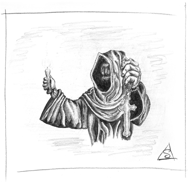 Sketch of a hooded figure by the author © Stephen Llewelyn