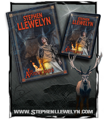 The Apothecaries by Stephen Llewelyn - books on a dark background and a stag bottom right.