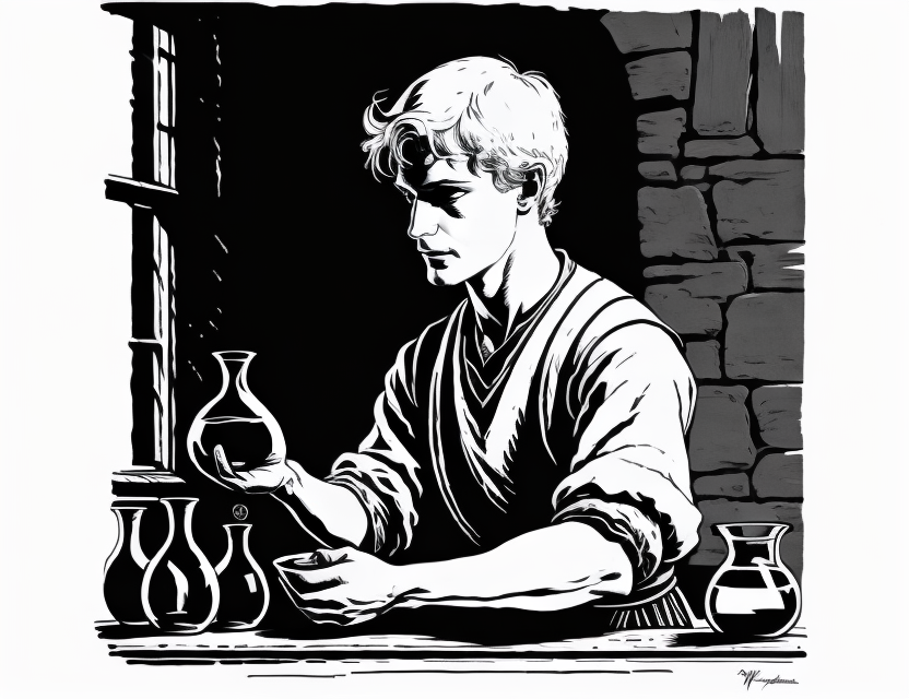 Cartoon of Harry-the-Cough character working as an apothecary