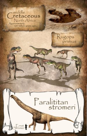 Author's illustration featuring drawings of Rugops primus by an unknown artist & Paralititan stromeri by Joshua Knuppa, both dinosaurs from Middle Cretaceous North Africa © Stephen Llewelyn